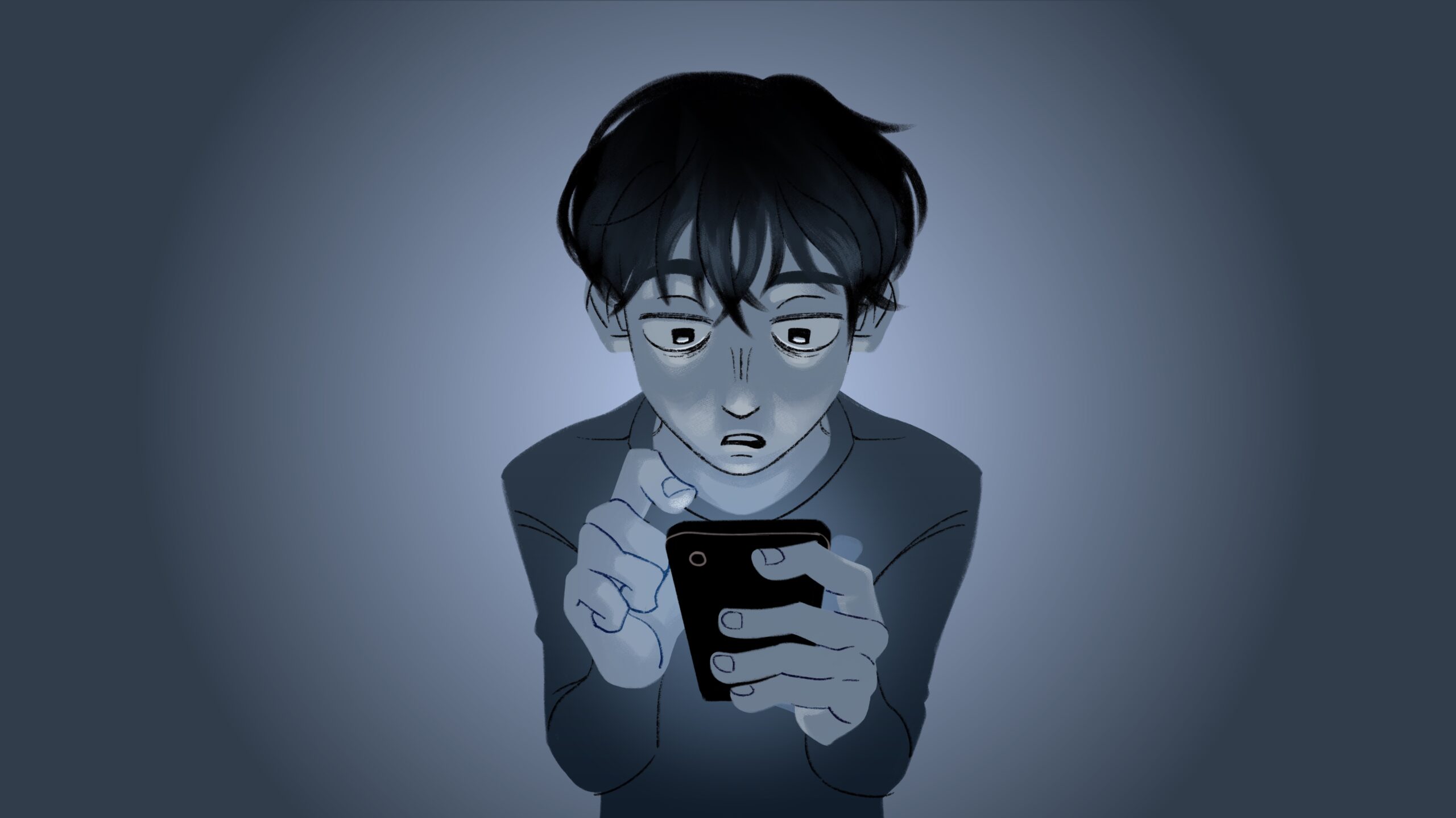 someone staring at their phone with a zombie-like expression on their illuminated face