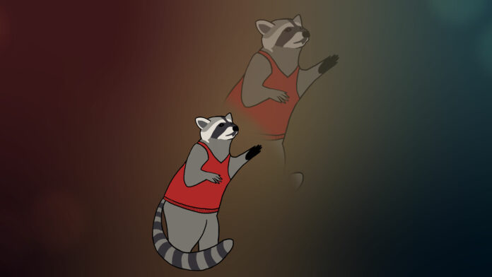 An 80’s style illustration of a wise raccoon looking off into space.