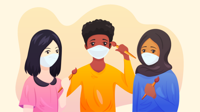 An illustration of three masked individuals holding paint brushes wearing colorful clothing.