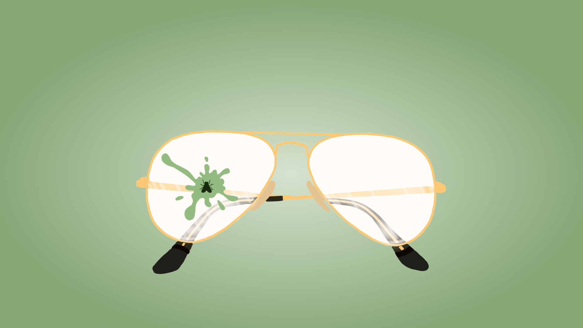 illustration of a pair of aviator-style glasses with a fly splattered on the front of one lens