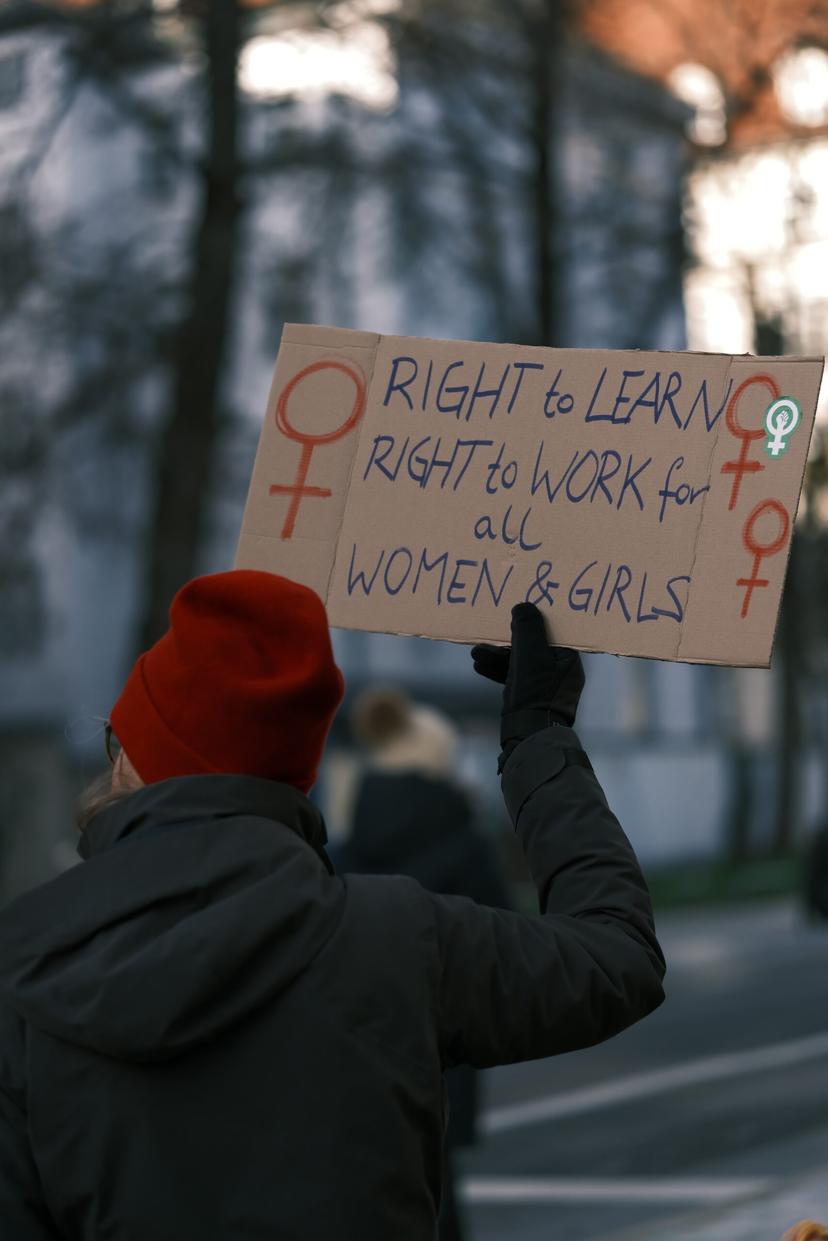 This is a photo of an individual, with their back to the camera, holding a sign that reads “Right to Learn. Right to Work for all Women and Girls.”
