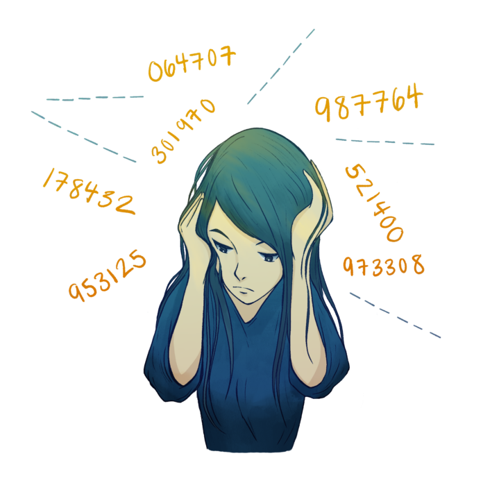 Student holding head in hands surrounded by number representing the MFA authentication codes