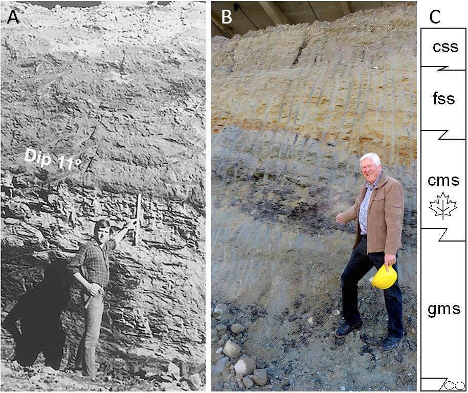 Photographs of Dr. Rolf Mathewes, a paleobotanist at SFU, next to a large wall of rock and sediments