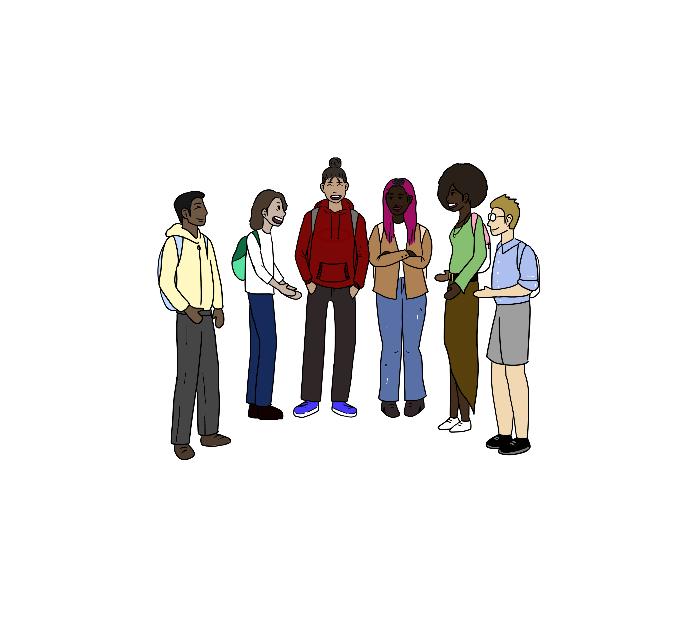 This illustration is of a group of diverse cartoon people standing in a semicircle, talking to one another.