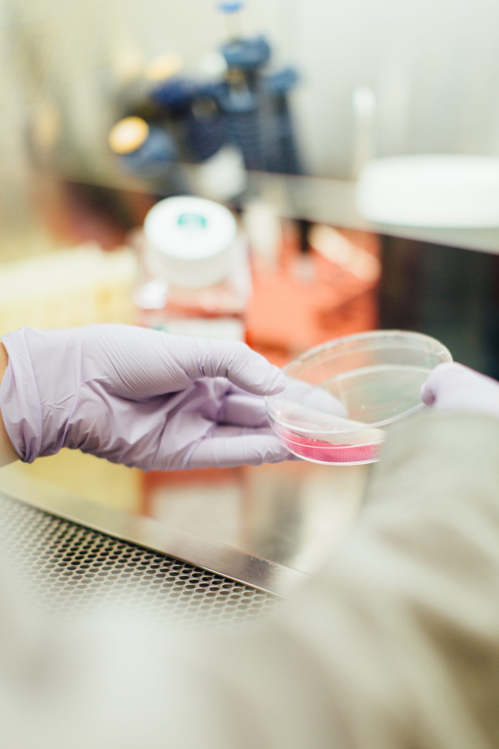 A gloved hand conducting research in a lab setting