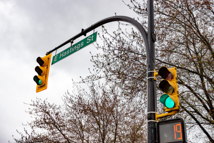 A traffic light on East Hastings street.