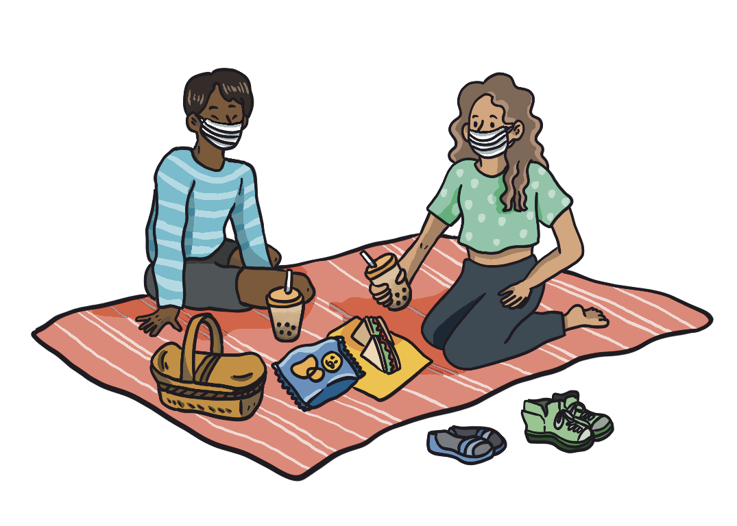 An illustration of two people with brown skin and brown hair sitting on an orange picnic blanket, each with bubble tea, and snacks between them. They are both wearing masks.
