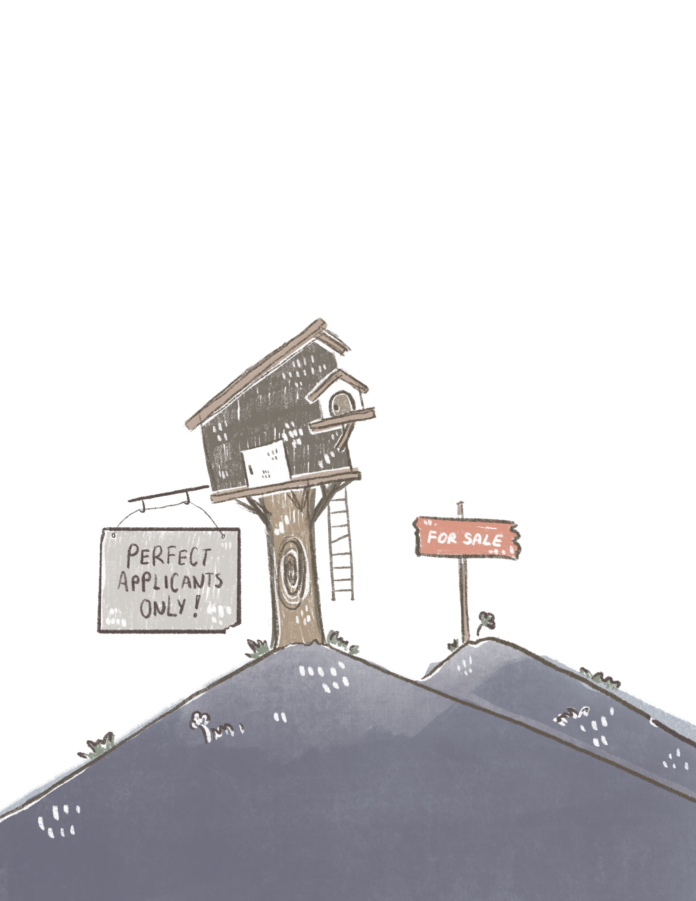 ChristinaCao-Spreading rumours about SFU housing Treehouse for rent on top of a mountain with a “perfect applicants only” sign in front of it.