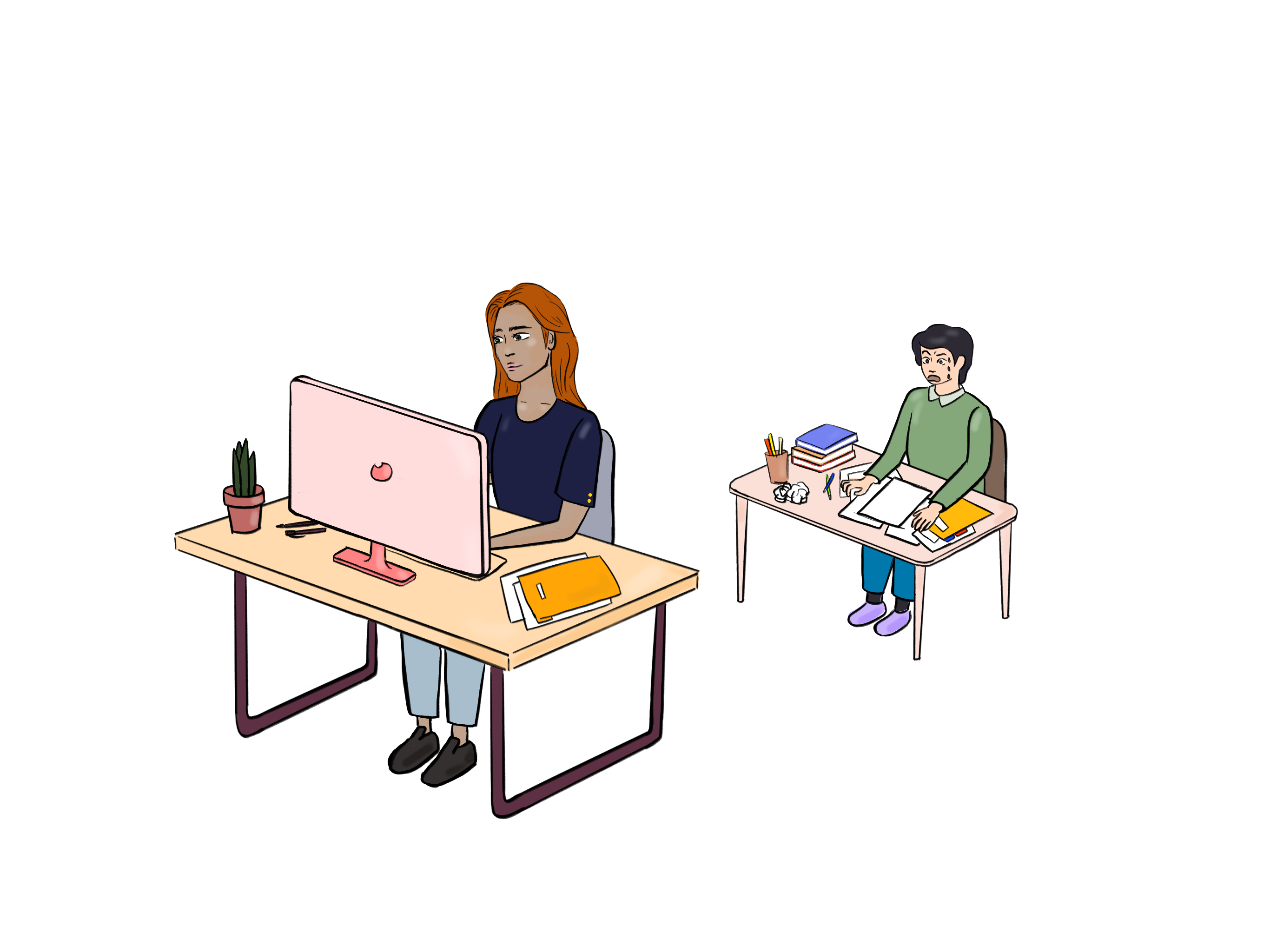 professional looking person sitting at a computer in front of a stressed out student sitting behind them at their desk, with papers everywhere