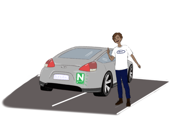 Person standing in front of a terribly parked car smiling and giving a thumbs up