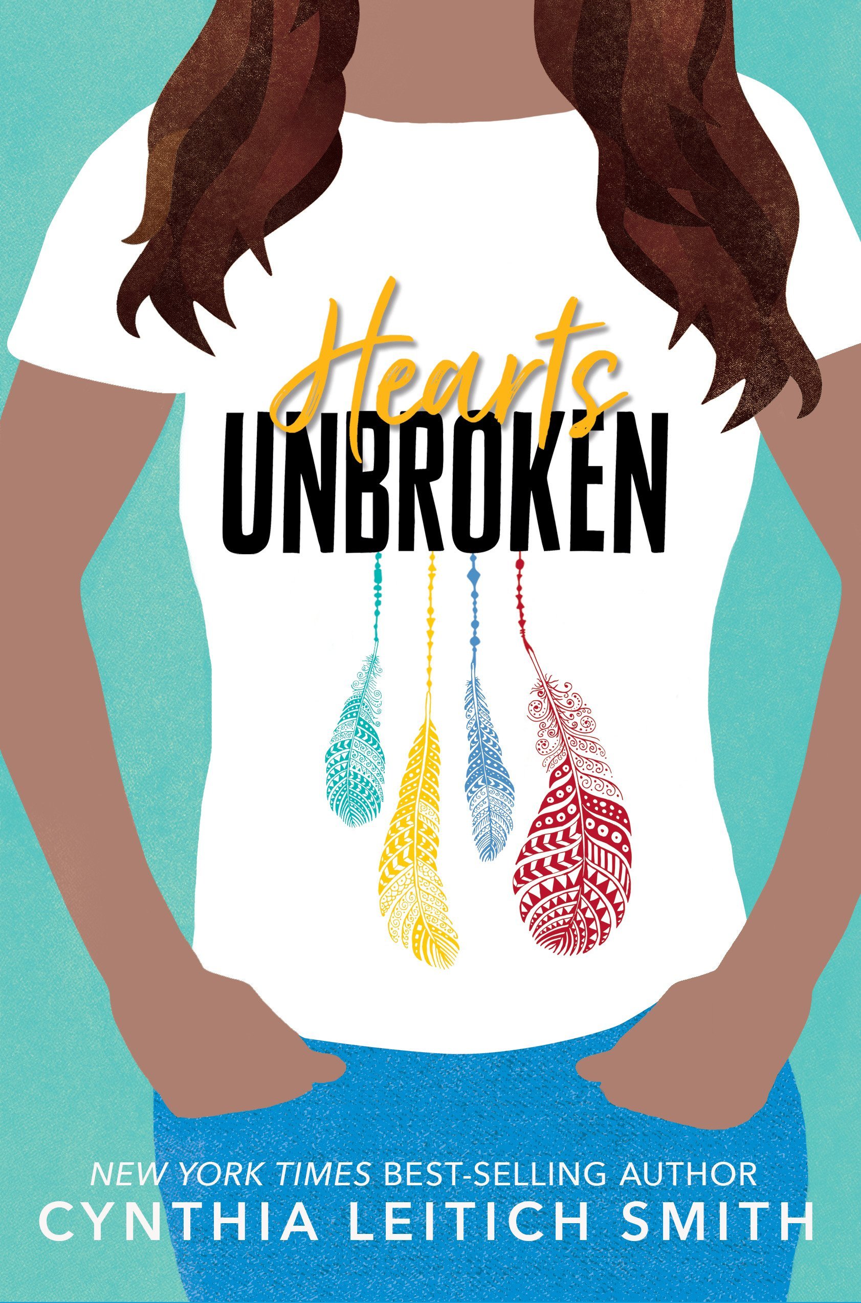 Book cover featuring an illustration of a person with brown skin and long brown hair showing from the neck-down wearing a white T-shirt with feathers printed on it.