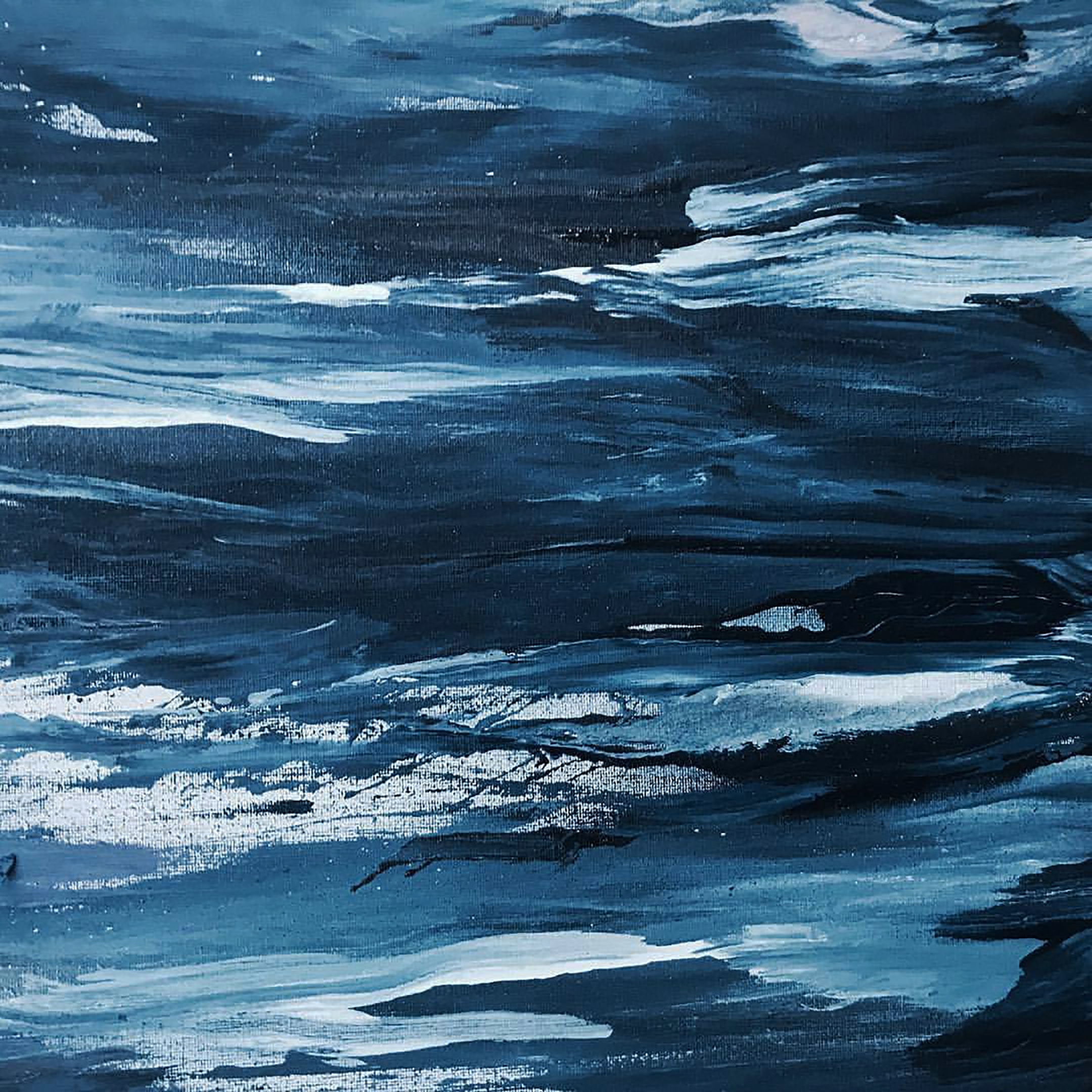 A painting in shades of blue. Resembles waves of an ocean