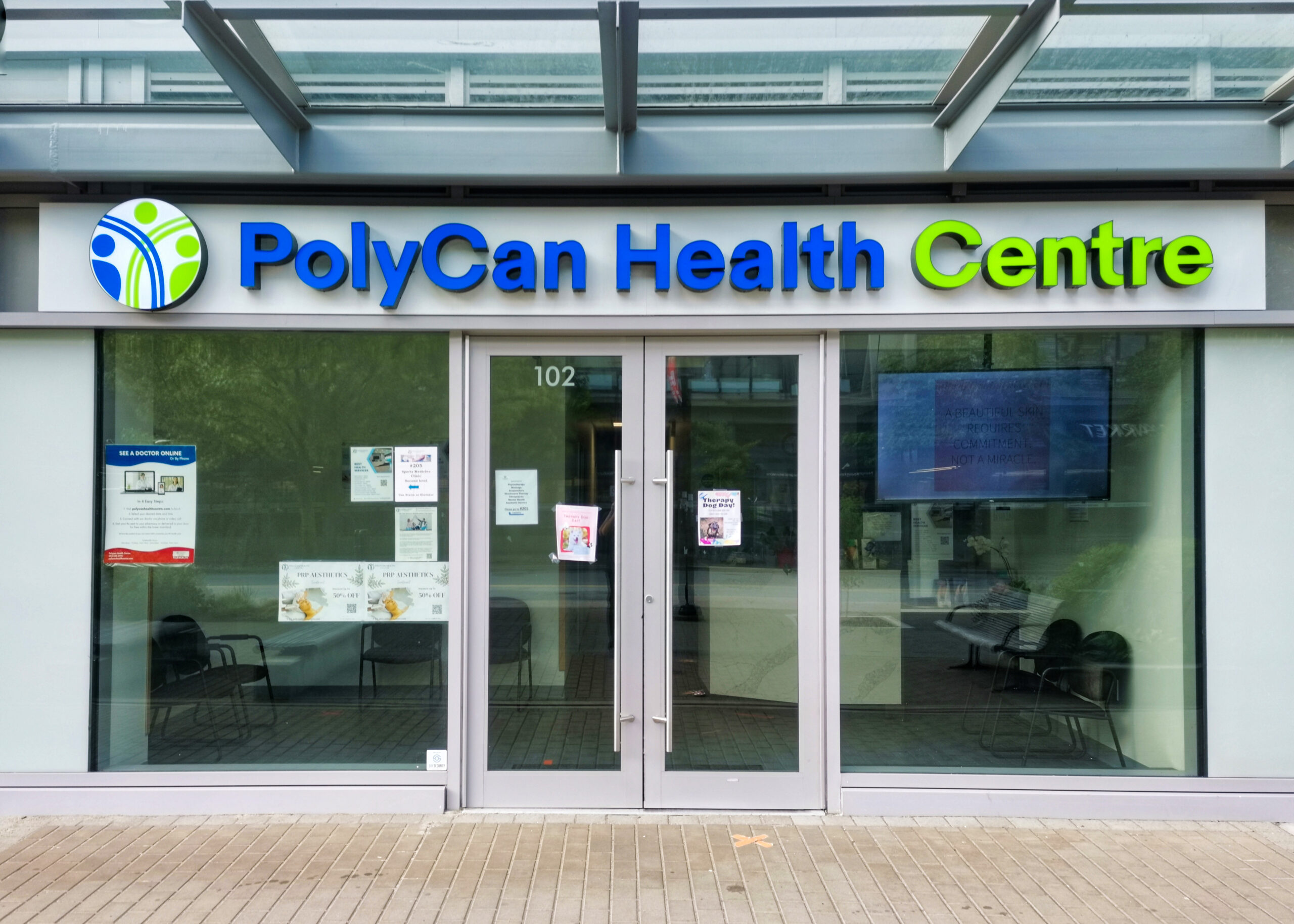 The exterior of the PolyCan clinic at SFU Burnaby is photographed here.