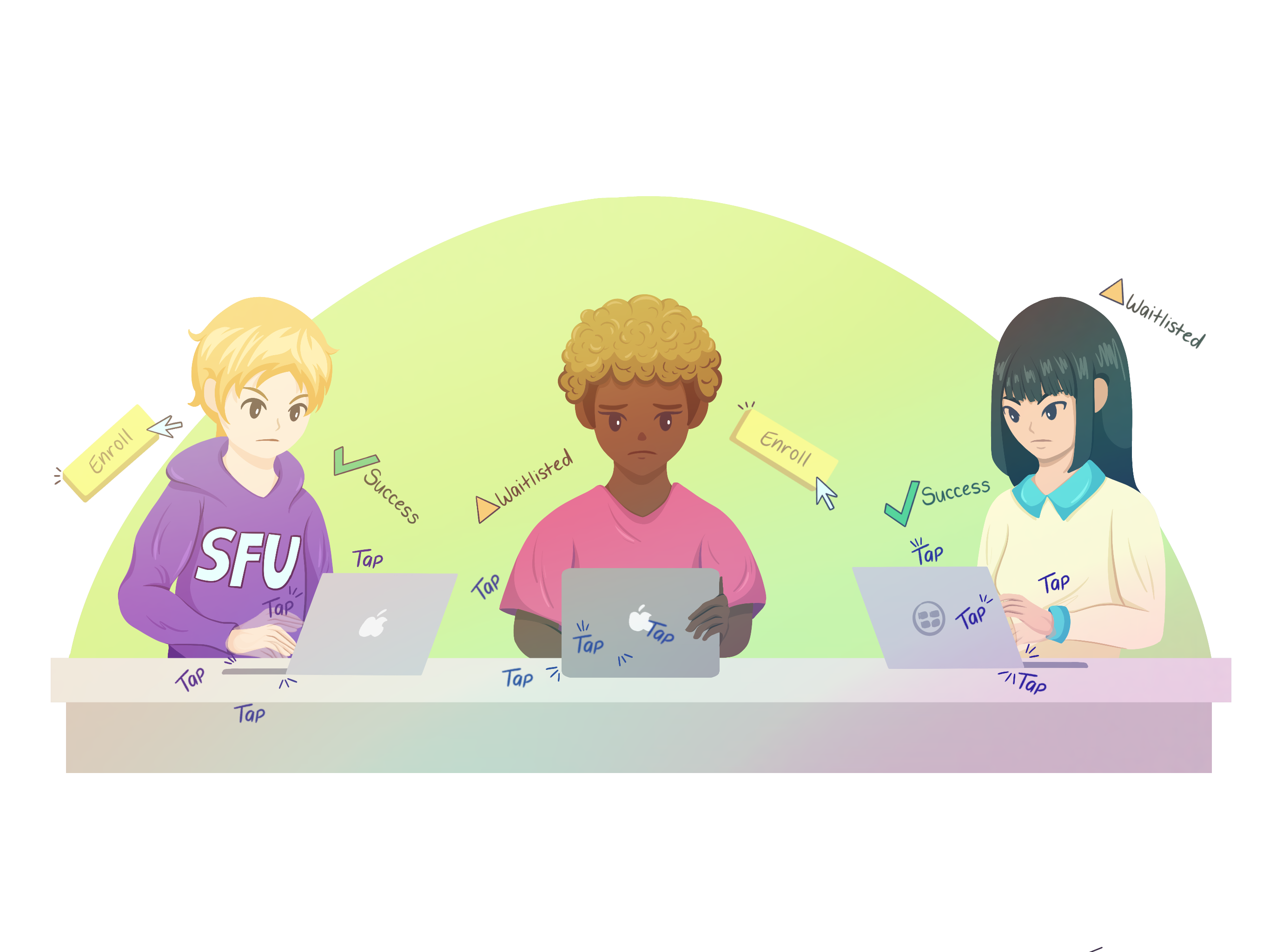 Illustration of three students sat with each other, looking nervously at their laptops.