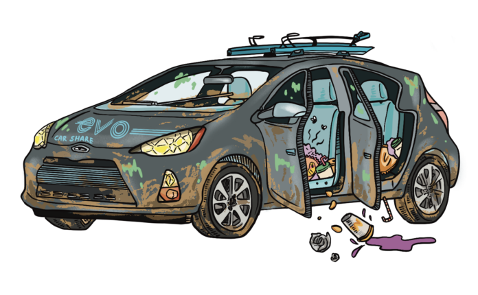 AndreaChoi-FilthyEvos Illustration of an Evo filled with trash