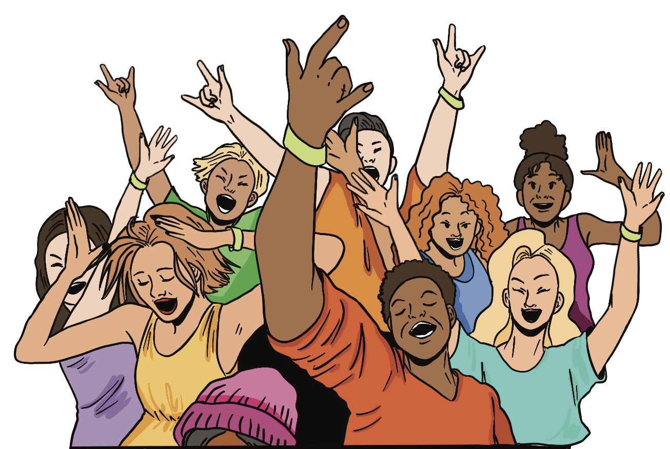 An illustration of a crowd of people at a concert with rock hand signs in the air, with their mouths open like they’re singing loudly. They look like they’re having a good time.