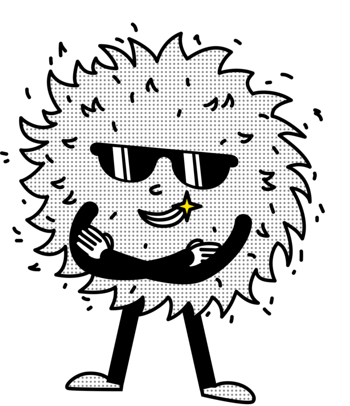 Anthropomorphic bundle of asbestos with arms crossed and sunglasses