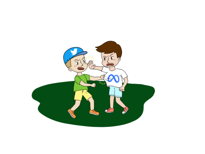 Hailey Gil_Mooooooom Mark is trying to overshadow me again!!! Two little boys fight on a green field. One of them is wearing a Twitter hat, and the other is wearing a Meta shirt.