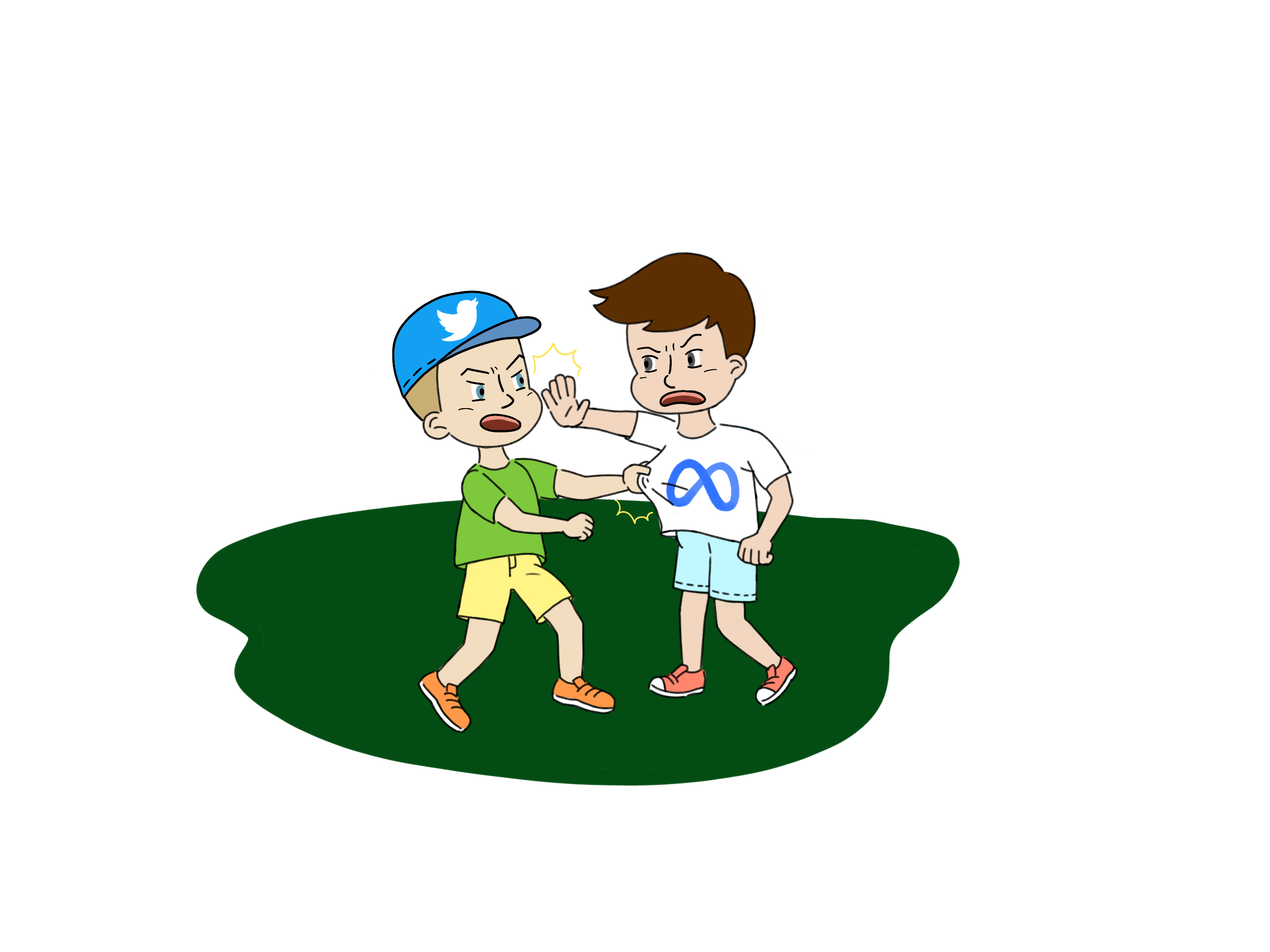 Two little boys fight on a green field. One of them is wearing a Twitter hat, and the other is wearing a Meta shirt.