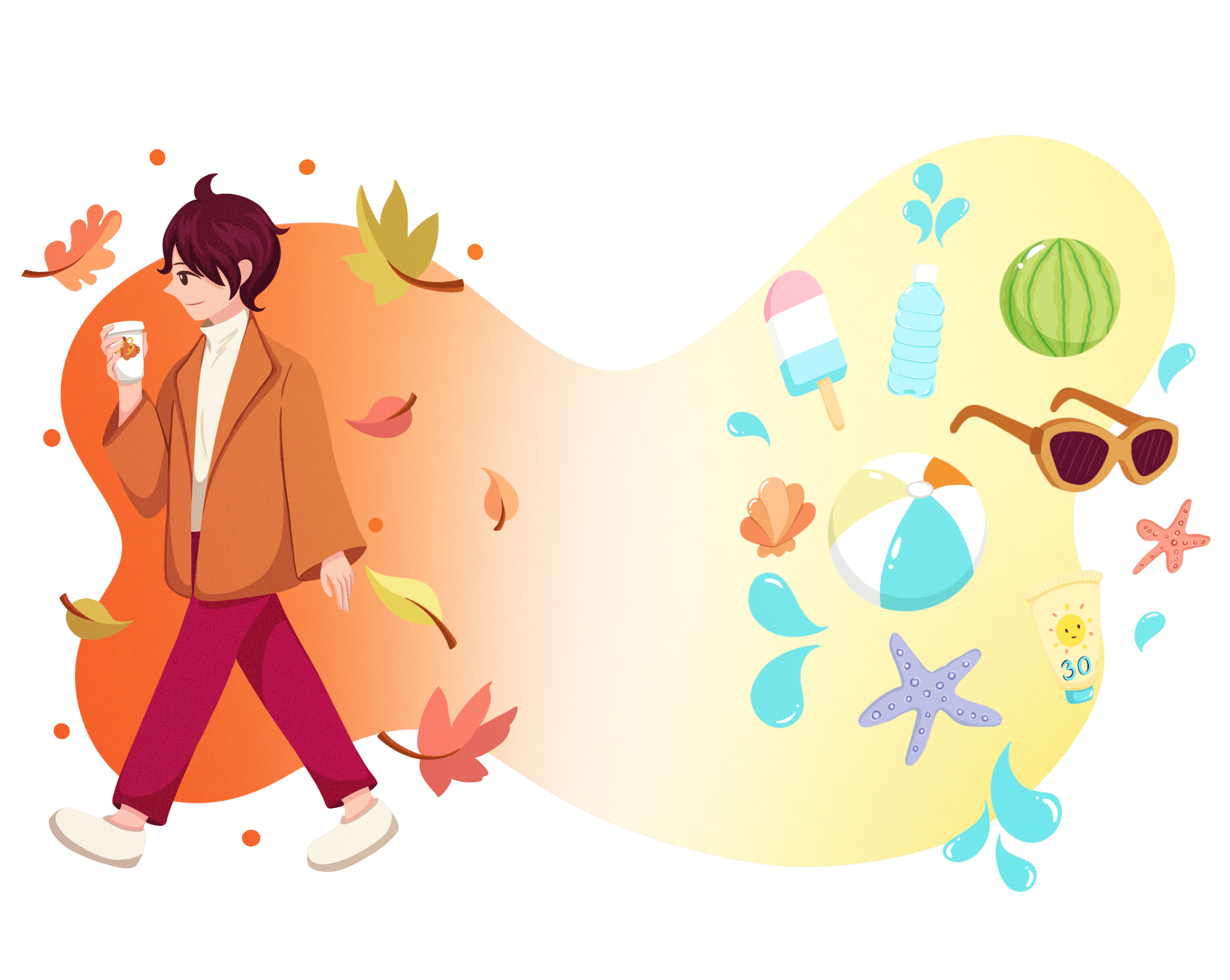 Someone walking away from summer items (ex: beach balls, watermelon, sunglasses) wearing fall colours, a jacket, and holding a pumpkin spice latte