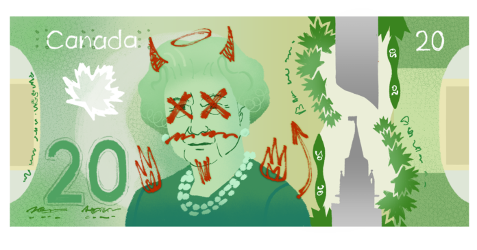 Image of a $20 dollar bill. Queen Elizabeth’s face has been defaced.