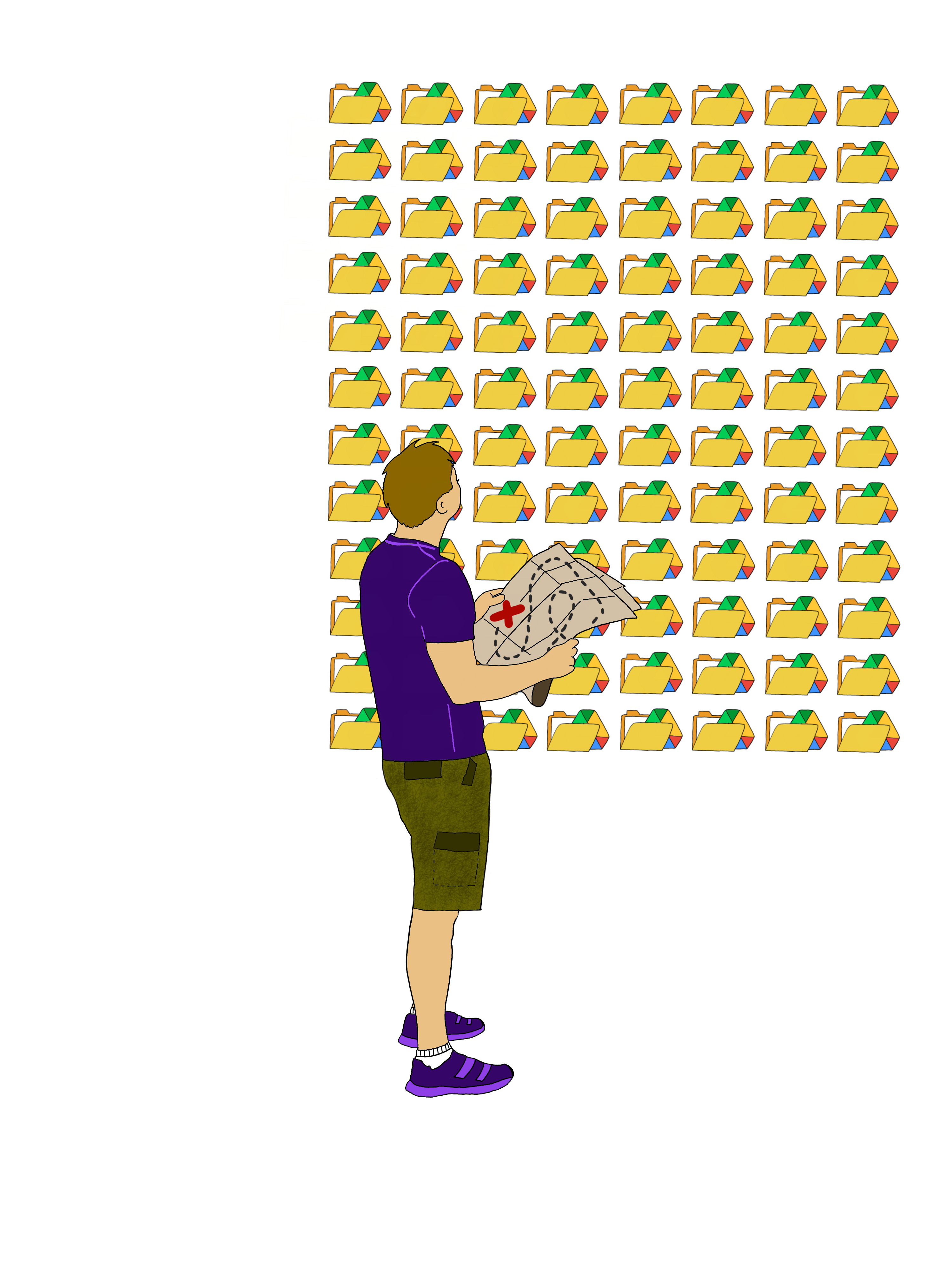 Someone holding a map, standing in front of numerous Google Drive folders