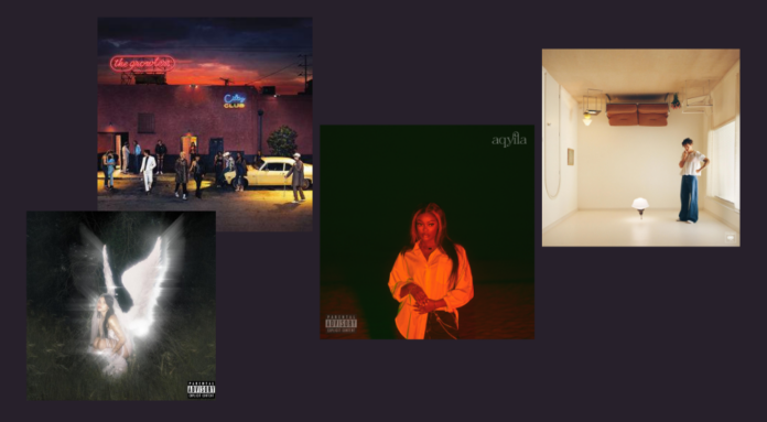 A collage featuring four album covers for each track listed in the article.