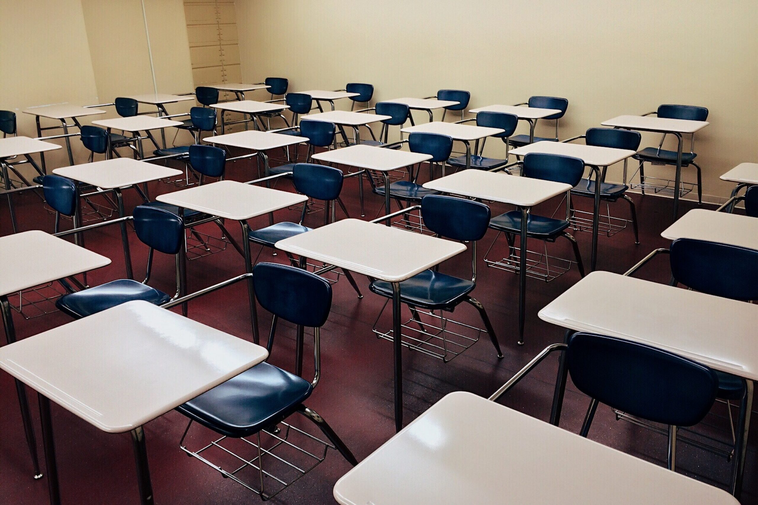 A row of empty desks