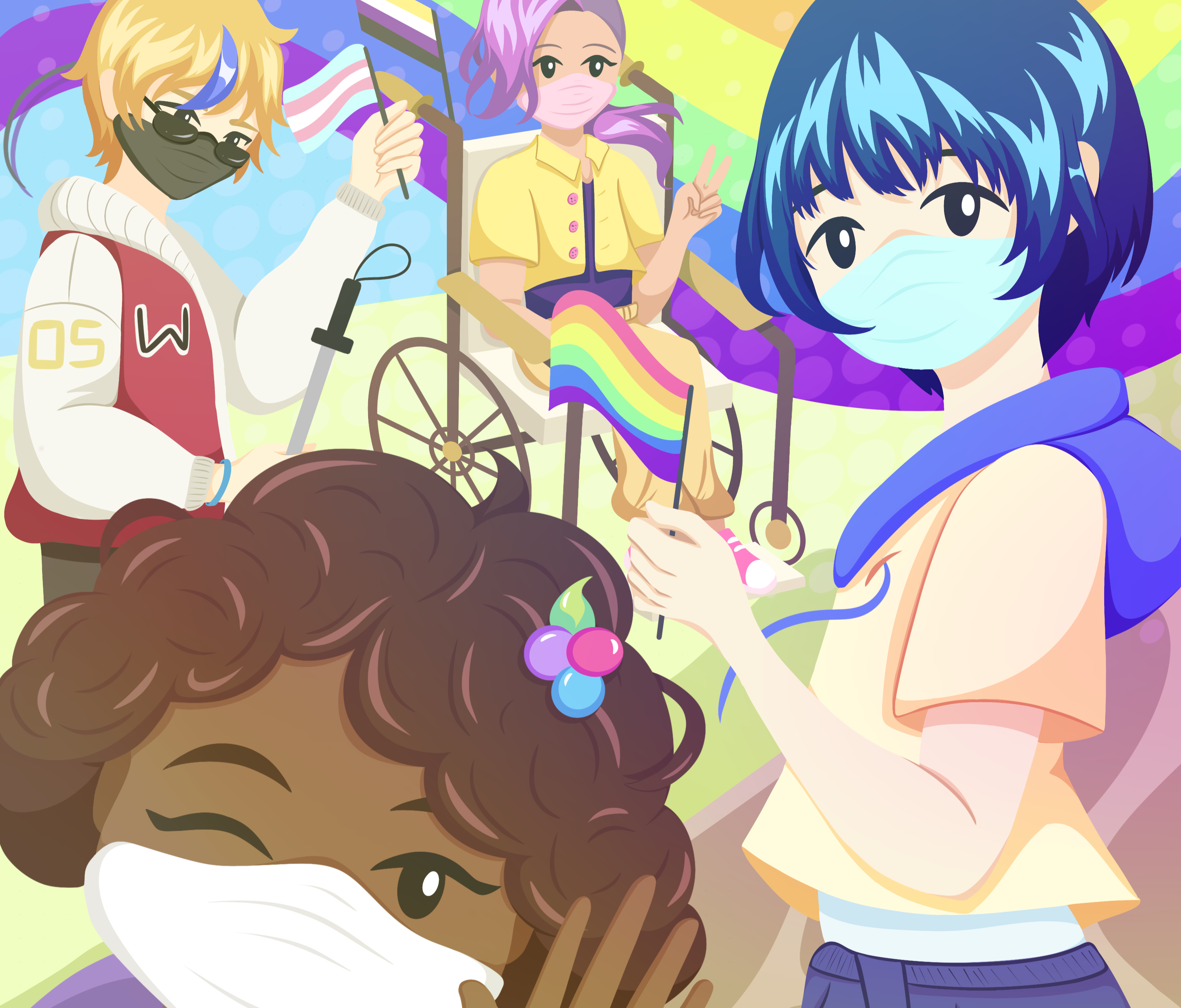 Illustration of disabled people at Pride, some in wheelchairs, holding a white cane, and wearing masks