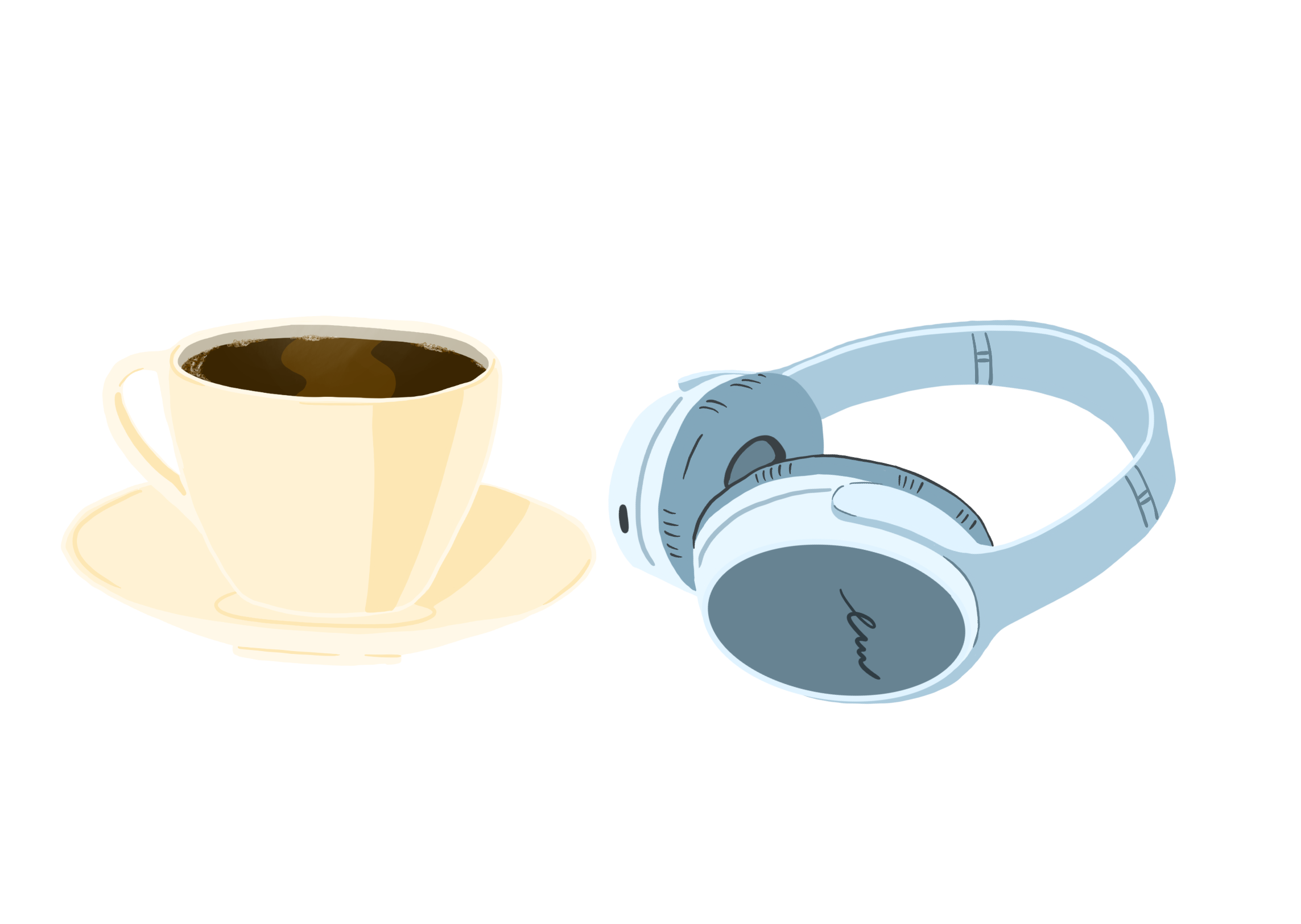 a cup of coffee on a table, next to a pair of headphones