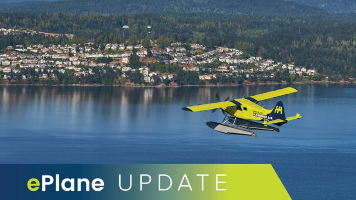 This is a photo of the Harbour ePlanes. The small sea plane is taking off from the ocean. The small plane is a bright, electric green colour.