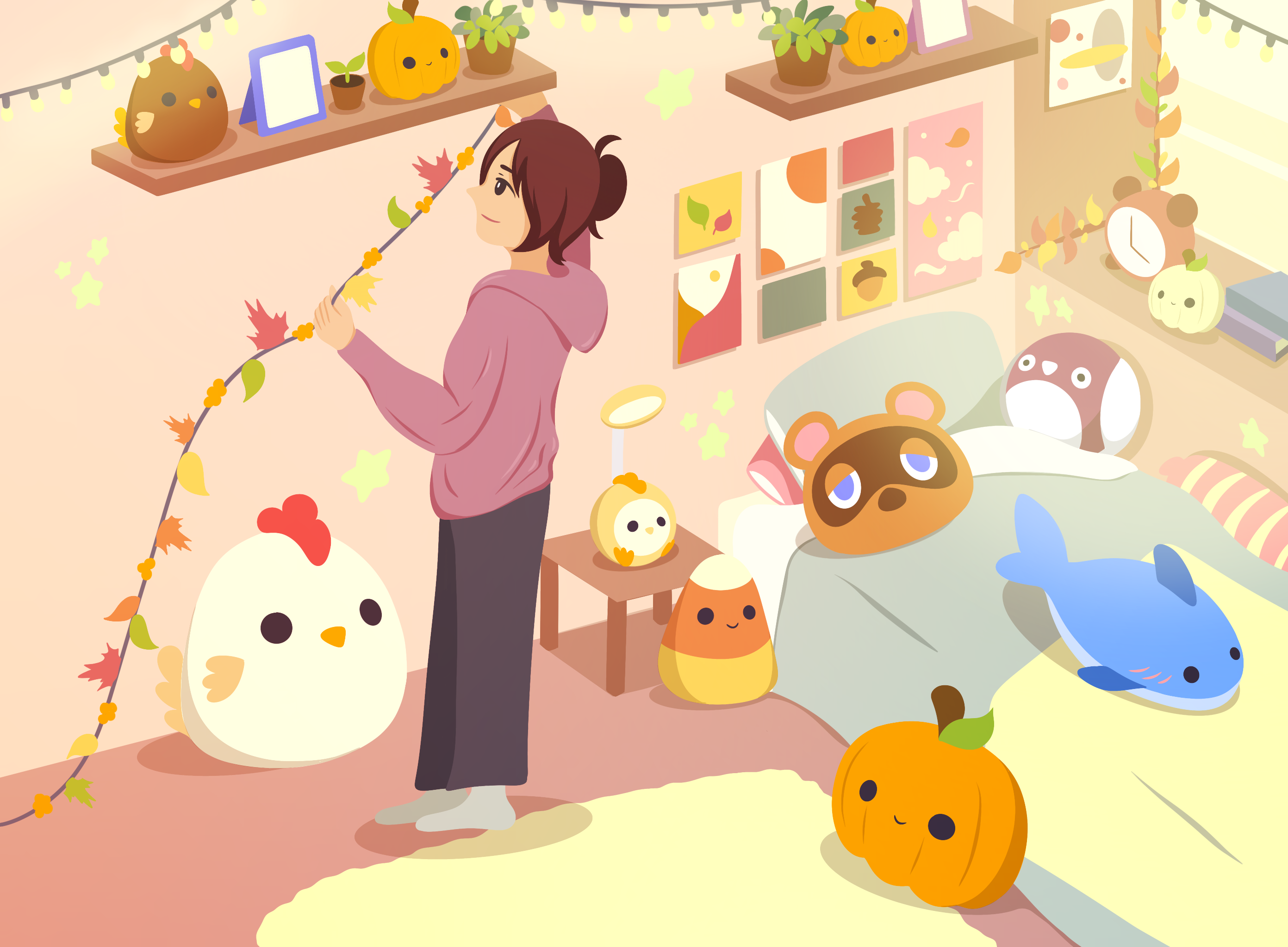 An illustration of a person in oversized pyjamas hanging a string of leaves on a wall in their bedroom.They have turkey and pumpkin plushies on display on a mantle, and other plushies sprawled across their room, including a candy corn plushy.