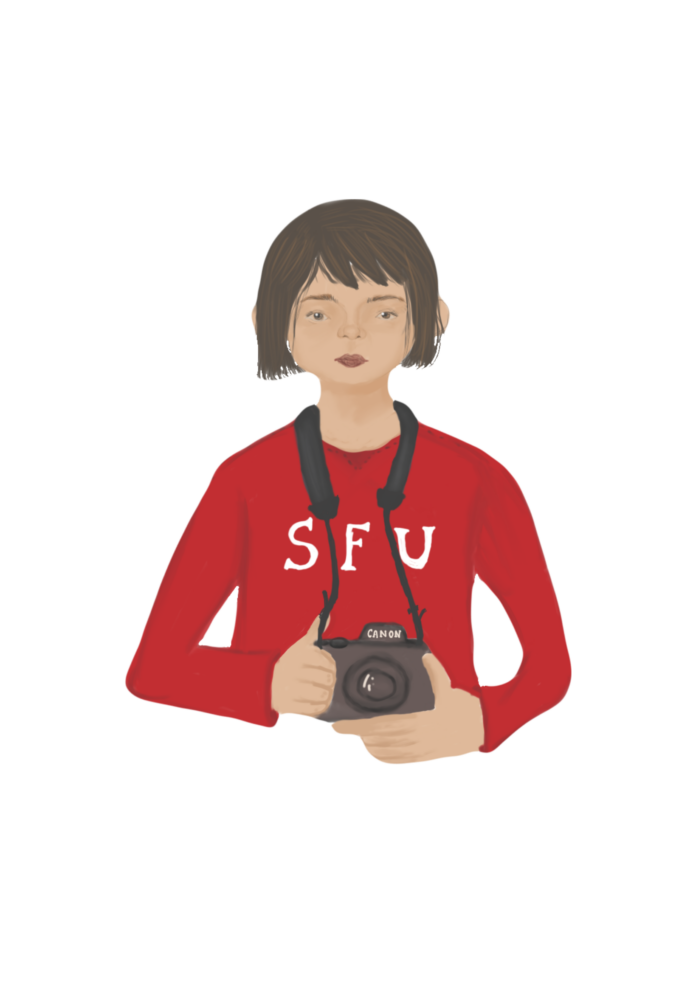 AnanyaSingh-Create & Enter- Photography contests An illustration of a person in a red long sleeve SFU shirt holding a canon camera.