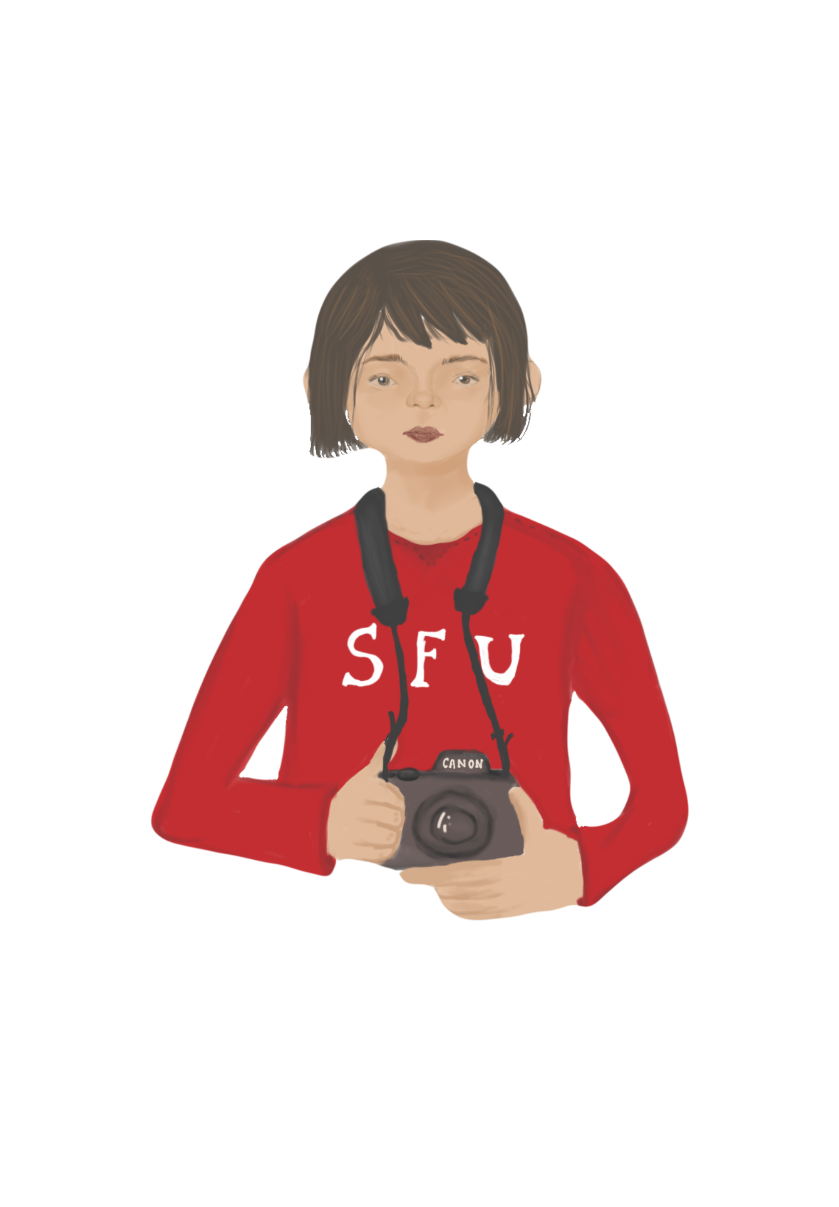 An illustration of a person in a red long sleeve SFU shirt holding a canon camera.