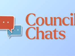 This is an illustration of a graphic that reads “Council Chats.” The image also has two text boxes to symbolise messages being sent.