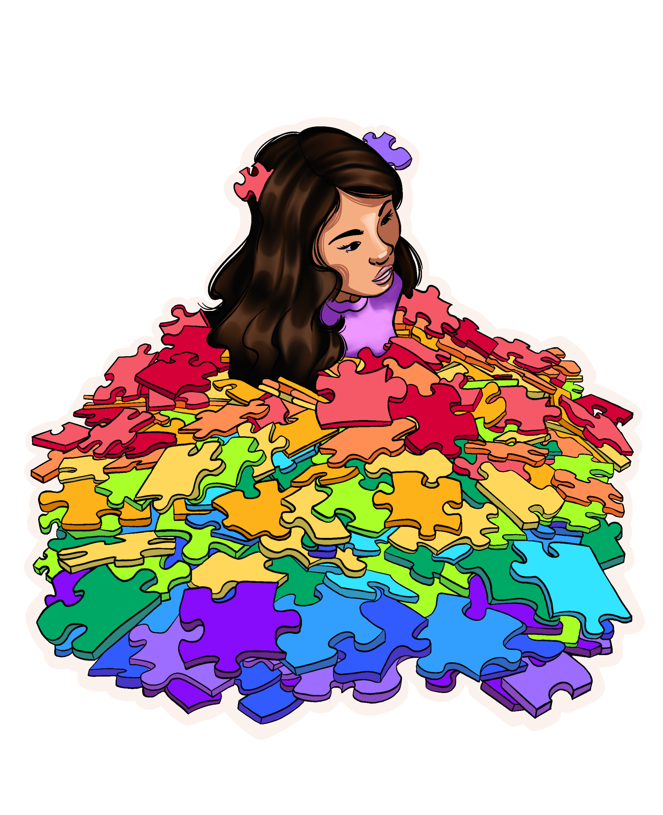 Someone standing in a large pile of colourful puzzle pieces. Only their head is sticking out.