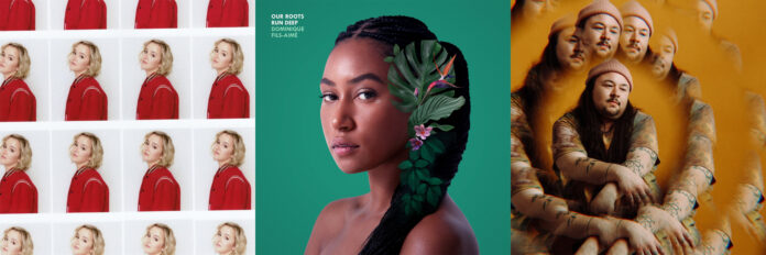 A collage of three album covers. The album cover of Blame My ex by The Beaches is divided into multiple squares of the same image: one of the band members with a platinum blonde bob and red varsity jacket half-smiling. Our roots run deep by Dominique Fils-Aimé features a closeup of Fils-Aime with dark green leaves in her braided, slick-back hair in front of a green backdrop. Prisms by G. R. Gritt features Gritt in an earthy tie dye shirt and beanie with an orange, fume-y atmosphere surrounding them.