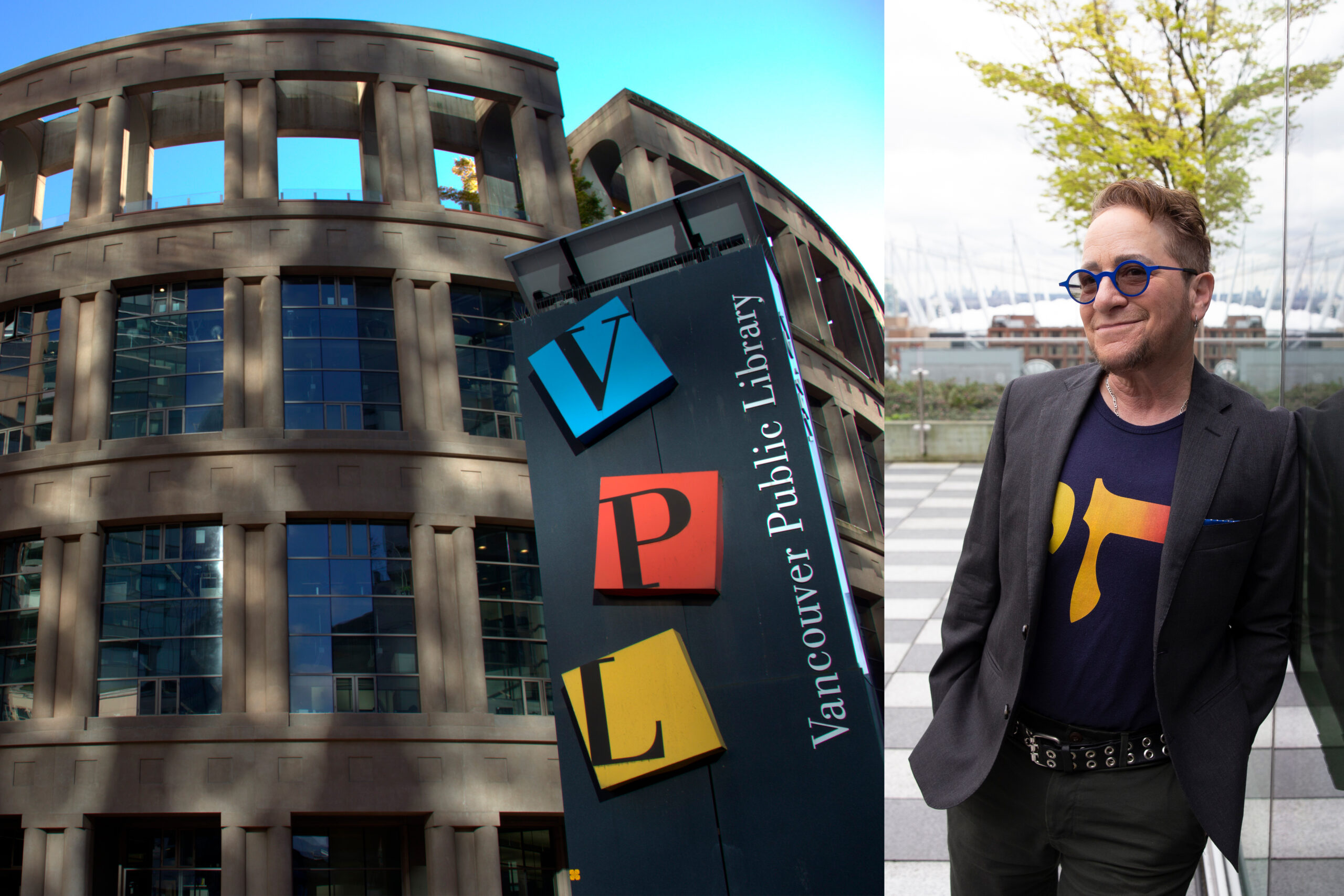 This is a photo of Aren Tulchinsky. He is leaning up against a wall and smiling at the camera. There is also a photo here of the outside of the Vancouver Public Library.