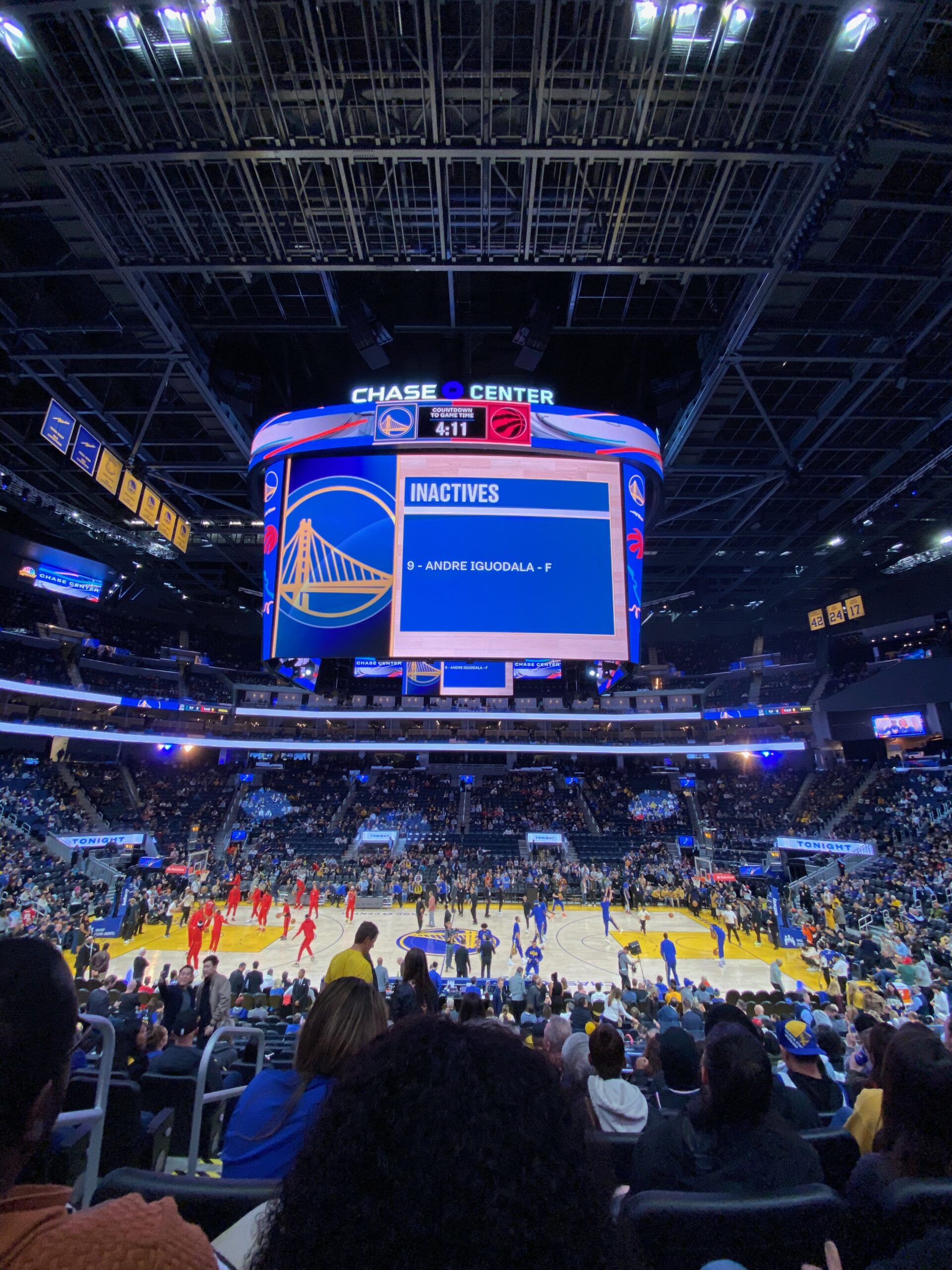 A photo of the jumbotron at Chase Center