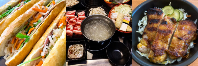 A collage of food from three different cuisines: banh mi sandwiches; a hot pot spread with sizzling soup, raw meat, and other ingredients; Barbeque chicken on top of a plate of rice.