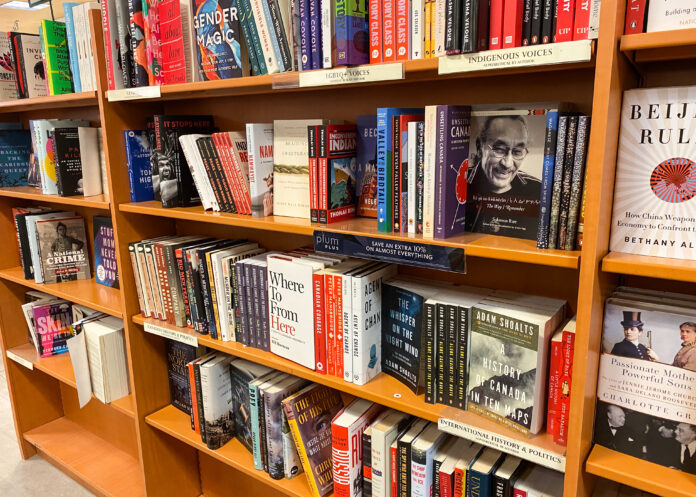 A shelf in a book store.