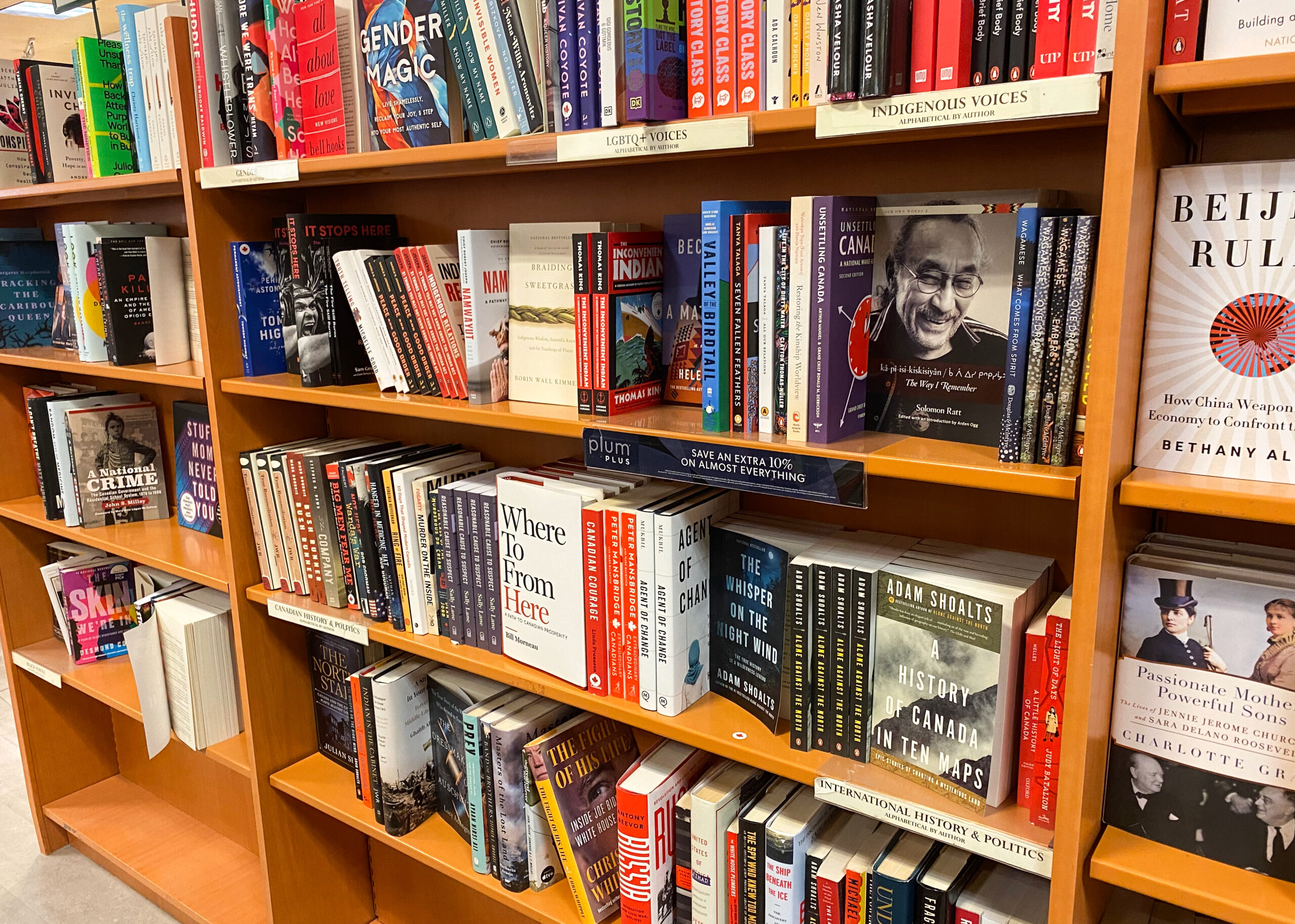 A shelf in a book store.