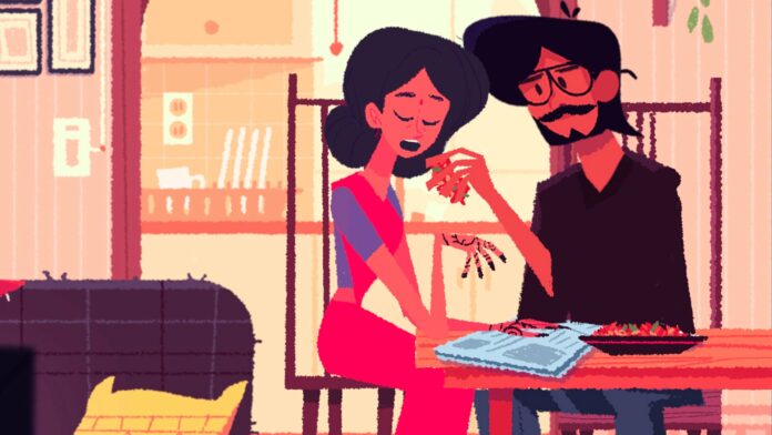 An illustration of an Indian mother and son sitting at a table in a house. The mother is wearing a red saree with a henna tattoo on her hand, and the son is feeding her.