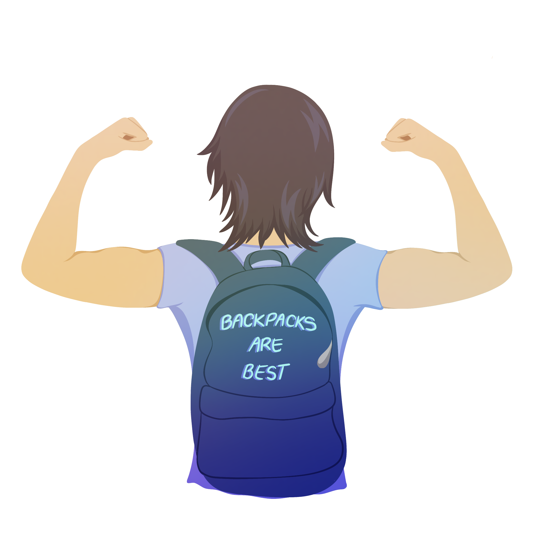 Someone wearing a backpack and flexing from behind. The backpack reads “Backpacks are best.”