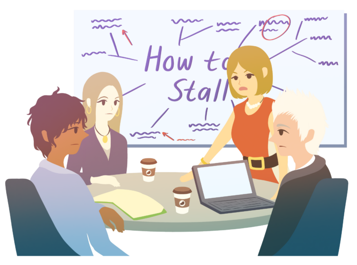 Four wealthy individuals sitting in a conference room in front of a white board that reads “how to stall.”