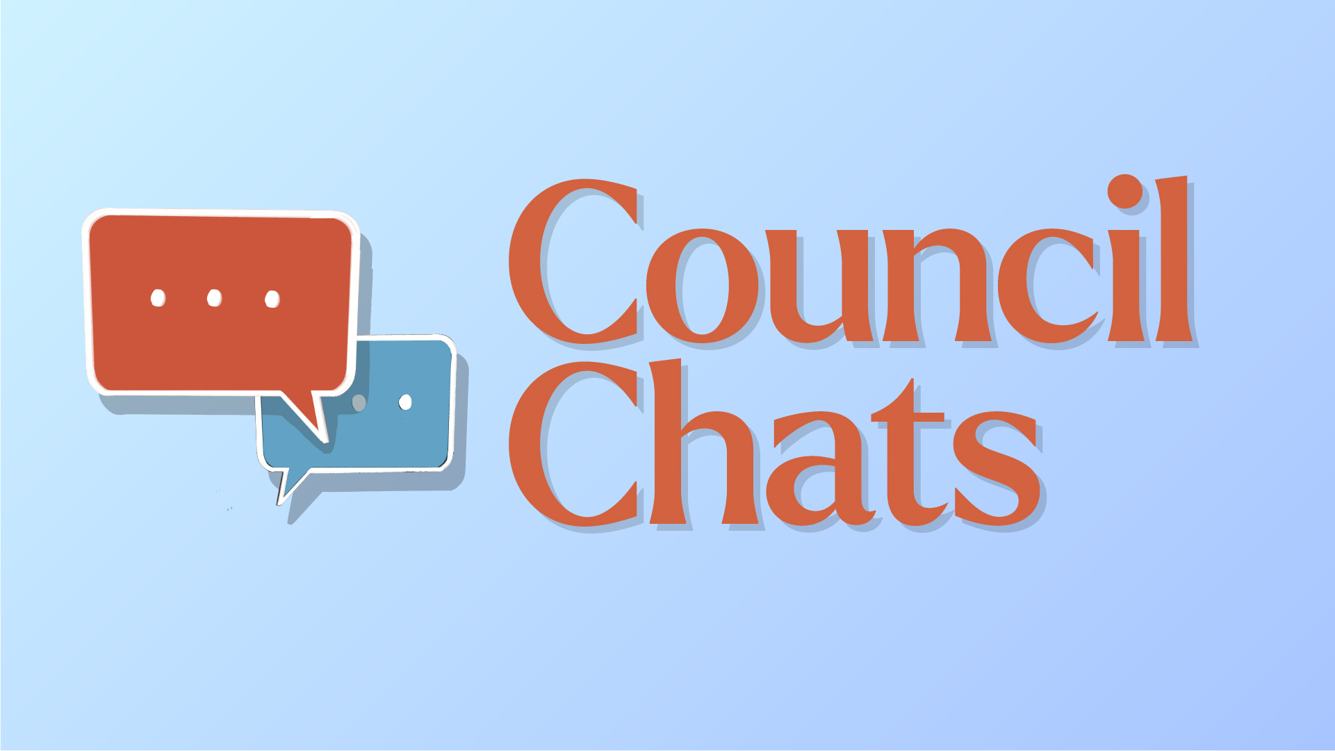 This is an illustration of the Council Chat’s logo. The logo has two speech bubble icons, one red and one blue, which are the SFSS colours. The graphic also reads, “Council Chats.”