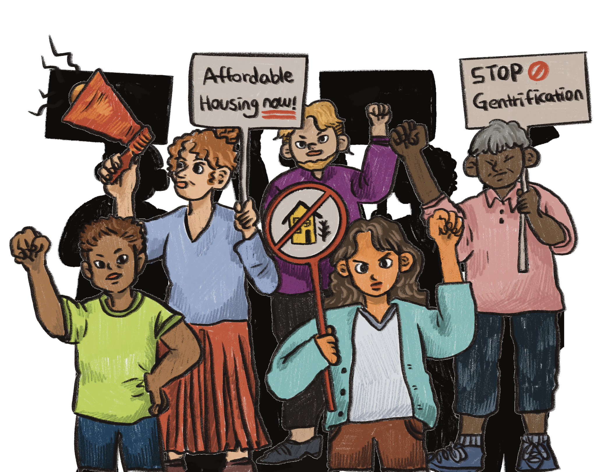 An illustration of a group of people holding signs in protest of gentrification