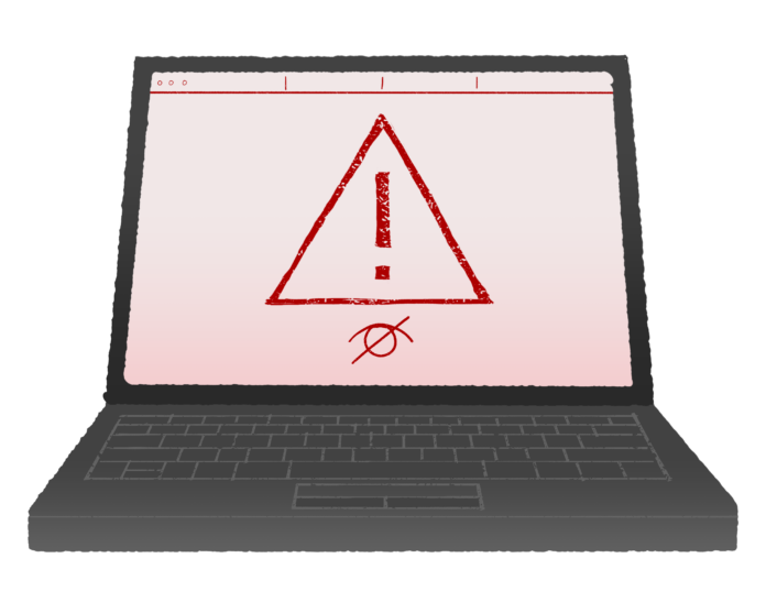 A laptop with an error and exclamation point
