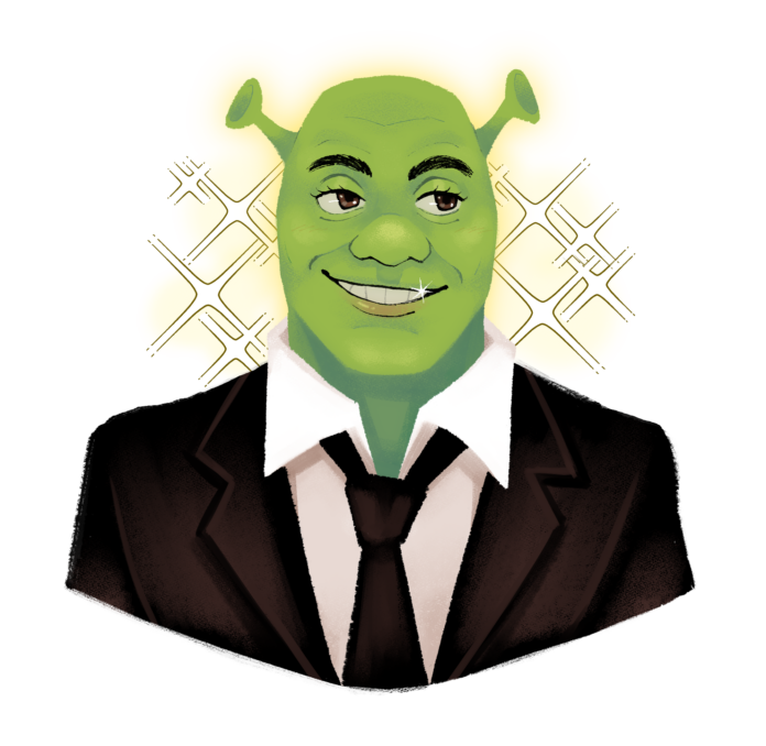 JillBaccay_Shrek An illustration of the popular media character Shrek in a suit.