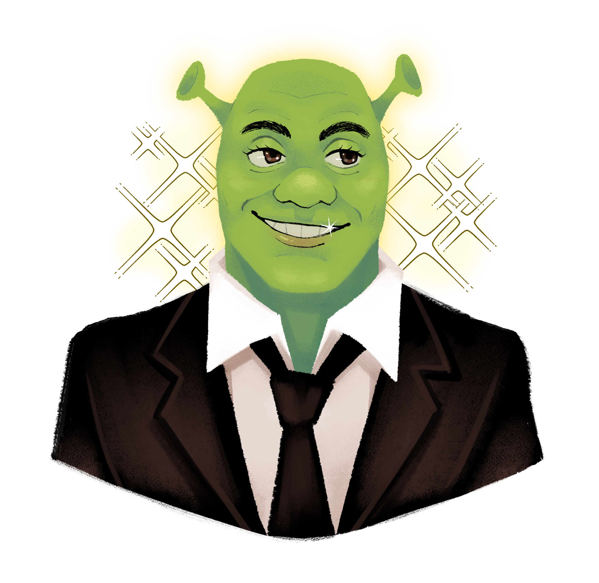 An illustration of the popular media character Shrek in a suit.